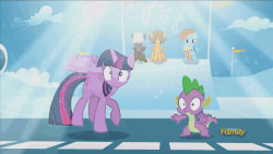 Size: 1280x720 | Tagged: safe, screencap, dumbbell, hoops, rainbow dash, spike, twilight sparkle, alicorn, pony, g4, the cutie re-mark, animated, discovery family logo, female, food, littering, mare, popcorn, twilight sparkle (alicorn)