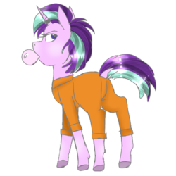 Size: 500x500 | Tagged: safe, artist:biscuitcafe, starlight glimmer, pony, unicorn, g4, ask, bubblegum, butt, clothes, dock, female, food, horn, horn ring, magic suppression, plot, prison outfit, prisoner, prisoner sg, solo, starlight gets what's coming to her, tumblr