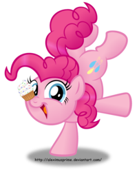 Size: 1024x1267 | Tagged: safe, artist:aleximusprime, pinkie pie, g4, balancing, cupcake, cute, diapinkes, female, food, open mouth, ponies balancing stuff on their nose, simple background, solo, standing, standing on one leg, transparent background