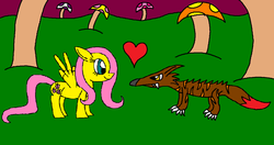 Size: 1024x539 | Tagged: safe, artist:killerbug2357, fluttershy, wolf, g4, 1000 hours in ms paint, heart, ms paint