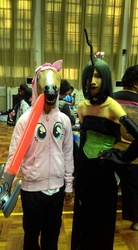 Size: 528x960 | Tagged: safe, pinkie pie, queen chrysalis, human, g4, clothes, cosplay, costume, irl, irl human, photo