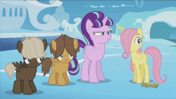 Size: 1280x720 | Tagged: safe, screencap, dumbbell, fluttershy, hoops, starlight glimmer, g4, the cutie re-mark, animated, cute, discovery family logo, female, filly fluttershy, younger