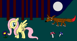Size: 1024x544 | Tagged: safe, artist:killerbug2357, fluttershy, wolf, g4, 1000 hours in ms paint, ms paint