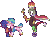 Size: 484x356 | Tagged: dead source, safe, artist:mrponiator, discord, princess celestia, princess luna, alicorn, draconequus, pony, g4, the cutie re-mark, afro, alternate timeline, animated, chaotic timeline, clothes, clown, clown celestia, clown luna, clown nose, crown, discane, eyes closed, female, gif, jewelry, king discord, male, mare, pixel art, red nose, regalia, season 5 pixel art, simple background, transparent background, unamused, unicycle, wheel