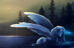 Size: 2000x1294 | Tagged: safe, artist:viwrastupr, princess luna, alicorn, pony, g4, female, forest, large wings, magic, mare, mountain, scenery, solo, spread wings, water, wet mane