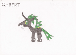 Size: 680x493 | Tagged: safe, artist:killerbug2357, oc, oc only, oc:q-bert, changeling, green changeling, solo, traditional art