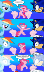 Size: 2971x4870 | Tagged: safe, artist:bronysonicyoutube, pinkie pie, rainbow dash, g4, comic, crossover, male, sonic the hedgehog, sonic the hedgehog (series), spanish, translated in the comments