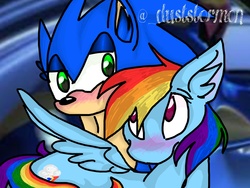 Size: 2048x1536 | Tagged: safe, artist:duststormon, rainbow dash, pony, g4, crossover, crossover shipping, female, interspecies, male, shipping, sonic the hedgehog, sonic the hedgehog (series), sonicdash, straight