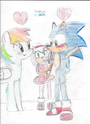 Size: 1024x1408 | Tagged: safe, artist:willingpun, rainbow dash, g4, amy rose, crossover, crossover shipping, female, interspecies, male, shipping, sonic the hedgehog, sonic the hedgehog (series), sonicdash, straight, traditional art