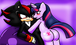 Size: 1255x741 | Tagged: safe, artist:arisato064, twilight sparkle, pony, unicorn, anthro, semi-anthro, g4, arm hooves, blushing, butt, crossover, male, plot, shadow the hedgehog, shadtwi, shipping, sonic the hedgehog, sonic the hedgehog (series)