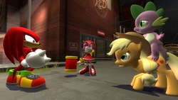 Size: 1366x768 | Tagged: safe, artist:migueruchan, applejack, spike, dragon, pony, g4, 3d, amy rose, crossover, female, gmod, knuckles the echidna, male, mare, sonic the hedgehog (series)