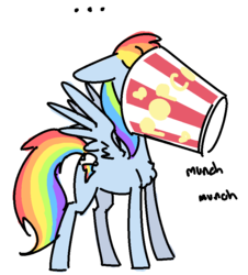 Size: 782x865 | Tagged: dead source, safe, artist:nobody, rainbow dash, pegasus, pony, g4, ..., bucket, cute, dashabetes, eating, female, floppy ears, food, headbucket, horses doing horse things, mare, onomatopoeia, popcorn, simple background, solo, spread wings, stuck, white background