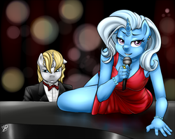Size: 700x556 | Tagged: safe, artist:pia-sama, prince blueblood, trixie, anthro, g4, accessory, bedroom eyes, clothes, dress, ear piercing, earring, female, jewelry, looking at you, male, musical instrument, piano, piercing, red dress, ring, sexy, ship:bluetrix, shipping, singing, straight