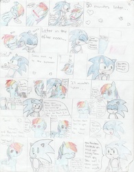 Size: 2552x3268 | Tagged: safe, artist:luvsondash, rainbow dash, g4, comic, crossover, crossover shipping, female, high res, interspecies, male, shipping, sonic the hedgehog, sonic the hedgehog (series), sonicdash, straight, traditional art