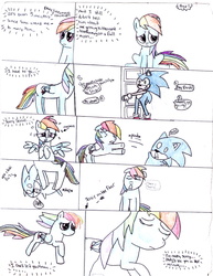 Size: 2550x3300 | Tagged: safe, artist:luvsondash, rainbow dash, g4, comic, crossover, crossover shipping, female, high res, interspecies, male, shipping, sonic the hedgehog, sonic the hedgehog (series), sonicdash, straight, traditional art