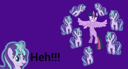 Size: 1024x552 | Tagged: safe, artist:tba020102tba, starlight glimmer, twilight sparkle, alicorn, pony, unicorn, g4, the cutie re-mark, adorawat, cute, female, frown, glimmerbetes, glowing horn, gritted teeth, happy, heh, horn, levitation, magic, mare, multeity, open mouth, purple background, self-levitation, simple background, smiling, starlight cluster, telekinesis, this will end in communism, twilight sparkle (alicorn), wat, wide eyes