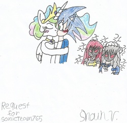 Size: 1619x1570 | Tagged: safe, artist:shawnventura, princess celestia, human, anthro, g4, crossover, erza scarlett, fairy tail, grayfia lucifuge, highschool dxd, humanized, not izayoi sakuya, request, shipping, sonic the hedgehog, sonic the hedgehog (series), soniclestia