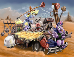 Size: 790x611 | Tagged: safe, artist:henbe, derpy hooves, dinky hooves, twilight sparkle, alicorn, pegasus, pony, unicorn, g4, background pony, bit, bondage, bridle, car, colored, female, filly, gag, kitchen sink, mace, mad max, mad max fury road, mare, musical instrument, nitrous, nux, parody, plunger, soap bubble, supercharger, tack, tied up, trumpet, twilight sparkle (alicorn), v8, weapon, witnessed