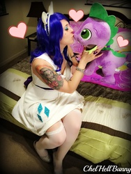 Size: 720x960 | Tagged: safe, artist:chelhellbunny, rarity, spike, human, g4, clothes, cosplay, costume, explicit source, female, garter belt, high heels, irl, irl human, jewelry, male, necklace, pearl necklace, photo, plushie, ring, ship:sparity, shipping, shoes, socks, straight, tattoo, thigh highs