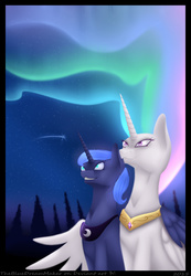 Size: 900x1300 | Tagged: safe, artist:thebluedreammaker, princess celestia, princess luna, g4, aurora borealis, ethereal mane, evil smile, hug, night, s1 luna, scheming, signature, sisters, winghug