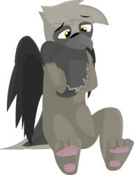 Size: 1674x2178 | Tagged: safe, artist:flicktransition, oc, oc only, oc:avery j harp, bird, griffon, beak, paw pads, paws, sad, simple background, sitting, solo, talons, transparent background