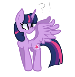 Size: 2621x2714 | Tagged: safe, artist:evielou5g, twilight sparkle, alicorn, pony, g4, butt wings, exclamation point, female, high res, interrobang, mare, question mark, simple background, solo, spread wings, twilight sparkle (alicorn), white background, wings