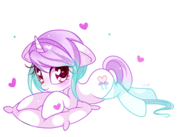 Size: 1000x768 | Tagged: safe, artist:ipun, oc, oc only, oc:reverie, pony, unicorn, blushing, clothes, female, heart, heart eyes, mare, pillow, simple background, socks, solo, stockings, thigh highs, transparent background, wingding eyes