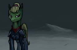 Size: 1280x836 | Tagged: safe, artist:quadrog, oc, oc only, oc:emerald green, pegasus, pony, fallout equestria, fallout equestria: the fossil, clothes, lidded eyes, solo