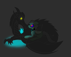 Size: 1280x1024 | Tagged: safe, artist:askhypnoswirl, oc, oc only, oc:maraco arco, bat pony, dragon, ghost, pony, collar, glowing eyes, hypno eyes, hypnosis, hypnotized, kaa eyes, magic, shadow