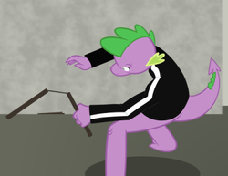 Size: 600x462 | Tagged: safe, artist:queencold, spike, dragon, g4, male, nunchucks, older, older spike, parody, solo, teenage spike, teenaged dragon, teenager