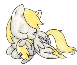 Size: 600x501 | Tagged: safe, artist:emfen, derpy hooves, dinky hooves, pegasus, pony, g4, equestria's best mother, female, hug, mare, simple background, sleeping, traditional art, winghug