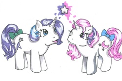 Size: 669x445 | Tagged: safe, artist:skypinpony, baby glory, baby moondancer, pony, g1, bow, duo, female, lesbian, ship:glorydancer, shipping, stars, tail bow, wink