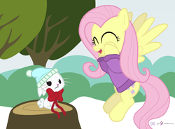 Size: 1000x735 | Tagged: safe, artist:dm29, angel bunny, fluttershy, pony, g4, advent calendar, bottomless, clothes, duo, holiday horse days, partial nudity, ribbon, sweater, sweatershy, wintertime