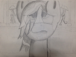 Size: 1280x960 | Tagged: safe, artist:mranthony2, crying, front view, frown, human related, looking up, monochrome, rain, sad, shading, traditional art, wet mane