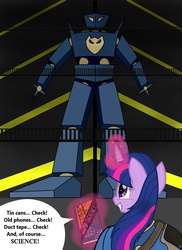 Size: 931x1280 | Tagged: safe, artist:nuka-kitty, twilight sparkle, pony, robot, semi-anthro, g4, big book of science, bipedal, book, clothes, crossover, fallout, funny, jaguar (omf), jumpsuit, magic, one must fall 2097, science, smiling, vault suit