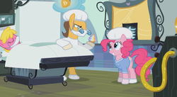 Size: 468x256 | Tagged: safe, screencap, cherry berry, doctor horse, doctor stable, pinkie pie, firefly (insect), g4, pinkie pride, adorable face, cupcake, cute, diapinkes, food, hospital, rainbow cupcake, smirk, surgeon, surgery, x-ray, x-ray picture