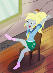 Size: 4794x6578 | Tagged: safe, artist:sumin6301, derpy hooves, equestria girls, g4, :d, absurd resolution, alternate hairstyle, chair, clothes, cute, derpabetes, eyes closed, female, food, happy, muffin, necktie, ponytail, raised leg, sitting, skirt, skirt lift, socks, solo