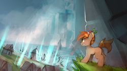 Size: 4000x2234 | Tagged: safe, artist:foxinshadow, button mash, earth pony, g4, colt, fanfic art, foal, hat, houses, male, propeller hat, scenery, solo