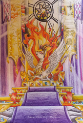 Size: 1018x1496 | Tagged: safe, artist:lunar-white-wolf, nightmare star, princess celestia, g4, crepuscular rays, female, laughing, prone, solo, spread wings, throne, traditional art