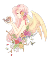 Size: 600x710 | Tagged: safe, artist:audraviolet, fluttershy, bird, human, g4, female, flower, flower in hair, humanized, simple background, solo, transparent background, winged humanization