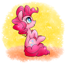 Size: 656x640 | Tagged: safe, artist:phyllismi, pinkie pie, earth pony, pony, g4, :o, abstract background, blushing, female, mare, open mouth, side view, sitting, sitting on tail, solo, tail, tail stand