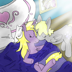 Size: 975x975 | Tagged: safe, artist:dragonpone, derpibooru exclusive, amethyst star, derpy hooves, dinky hooves, doctor whooves, sparkler, time turner, pony, g4, bed, crepuscular rays, equestria's best mother, folded wings, kissing, male, morning, nose kiss, older, picture, ship:doctorderpy, shipping, sleeping, stallion, straight, wings