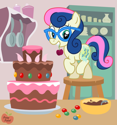 Size: 2191x2330 | Tagged: safe, artist:pony-paint, bon bon, sweetie drops, earth pony, pony, g4, adorabon, cake, cherry, cute, cutie mark, cutiespark, female, filly, food, glasses, high res, kitchen, show accurate, solo, twisted bon bon
