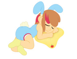 Size: 1013x788 | Tagged: safe, artist:the-crusader-network, apple bloom, human, g4, adorabloom, bunny costume, bunny ears, clothes, cute, diaper, female, humanized, onesie, poofy diaper, sleeping, solo