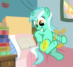 Size: 1743x1602 | Tagged: safe, artist:pony-paint, lyra heartstrings, pony, unicorn, g4, bed, book, cutie mark, cutiespark, female, filly, grin, horn, lyre, show accurate, smiling, solo, younger