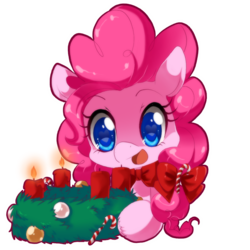 Size: 800x800 | Tagged: safe, artist:loyaldis, pinkie pie, earth pony, pony, g4, advent wreath, candle, candy, candy cane, christmas, cute, diapinkes, female, food, looking at something, mare, simple background, solo, transparent background, wreath