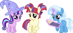 Size: 10318x4709 | Tagged: safe, artist:osipush, moondancer, starlight glimmer, trixie, pony, unicorn, absurd resolution, alternate hairstyle, alternate universe, book, cute, dancerbetes, diatrixes, female, filly, filly moondancer, filly starlight glimmer, filly trixie, glimmerbetes, hat, magic, mare, pigtails, reading, role reversal, simple background, transparent background, trixie's hat, vector, wizard hat, younger