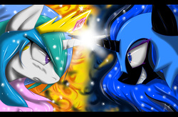 Size: 4950x3240 | Tagged: safe, artist:fairysearch, nightmare moon, princess celestia, g4, absurd resolution, confrontation, frown, grin, gritted teeth, horn, horns are touching, magic