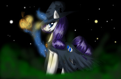 Size: 4950x3240 | Tagged: safe, artist:fairysearch, rarity, g4, absurd resolution, cape, clothes, female, hat, jack-o-lantern, magic, solo, telekinesis, witch hat