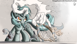 Size: 2000x1171 | Tagged: safe, artist:bugplayer, lyra heartstrings, pony, unicorn, g4, arrow, bandage, female, gritted teeth, hand, injured, knife, lyre, magic, mare, sheet music, solo